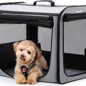 Dog Car Carrier Light Weight, Dog Carrier for Car, Portable Dog Car Crate with Breathable Windows, Foldable Pet Carrier for Both Indoor and Outdoor Use, Dog Travel Crate with Curtain Gray