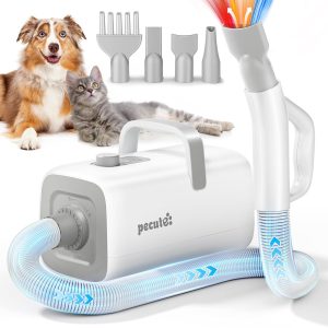Pecute High-Velocity Dog Hair Dryer, Dog Blow Dryer with Adjustable Speed & Temp, Dog Dryer with Cool-Warm-Hot Cycle Mode, 4 Nozzles, Soft Noise Pet Dryer for Grooming, Heat Resistant Hose, 6.5ft Cord