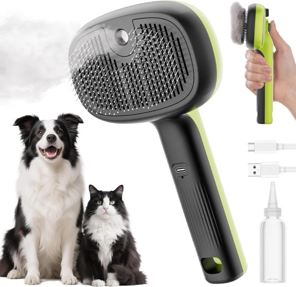 Pecute Steam Cat Brush, Self-Cleaning Cat Steam Brush with 2 Water Spray Modes, Large Capacity Tank, Steaming Dog Brush for Shedding, Massaging Grooming